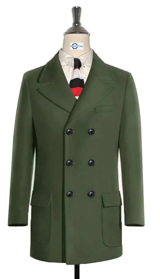 Pea Coat | 60s Mod Retro Olive Green Double Breasted Pea Coat