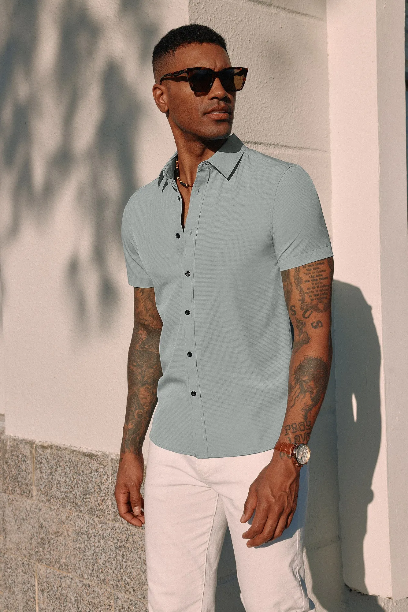 PJ Paul Jones Men Stylish Basic Shirt Short Sleeve Classic Collar Button-up Shirt Tops