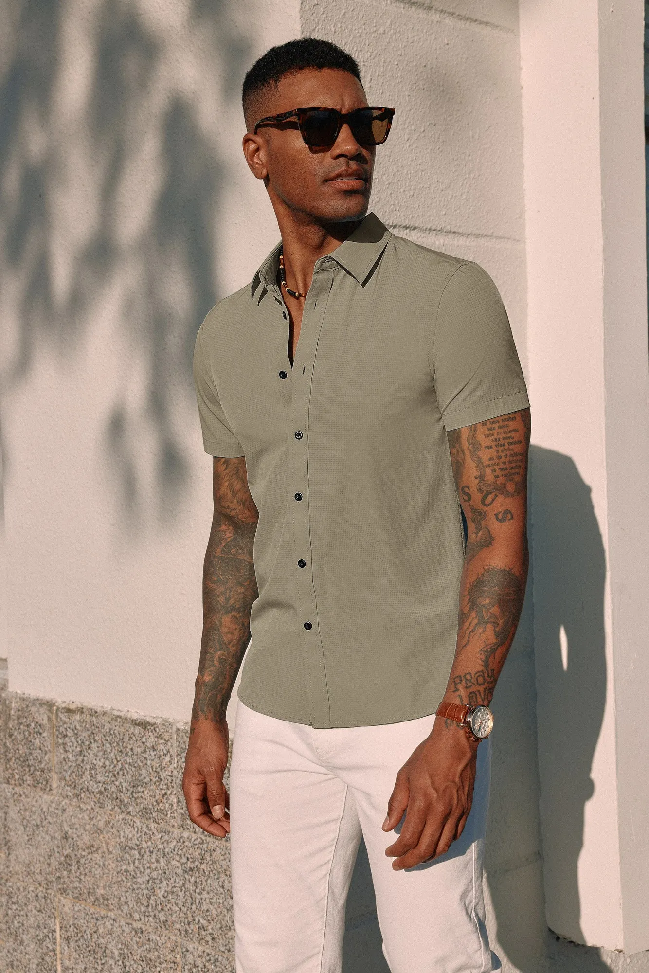 PJ Paul Jones Men Stylish Basic Shirt Short Sleeve Classic Collar Button-up Shirt Tops