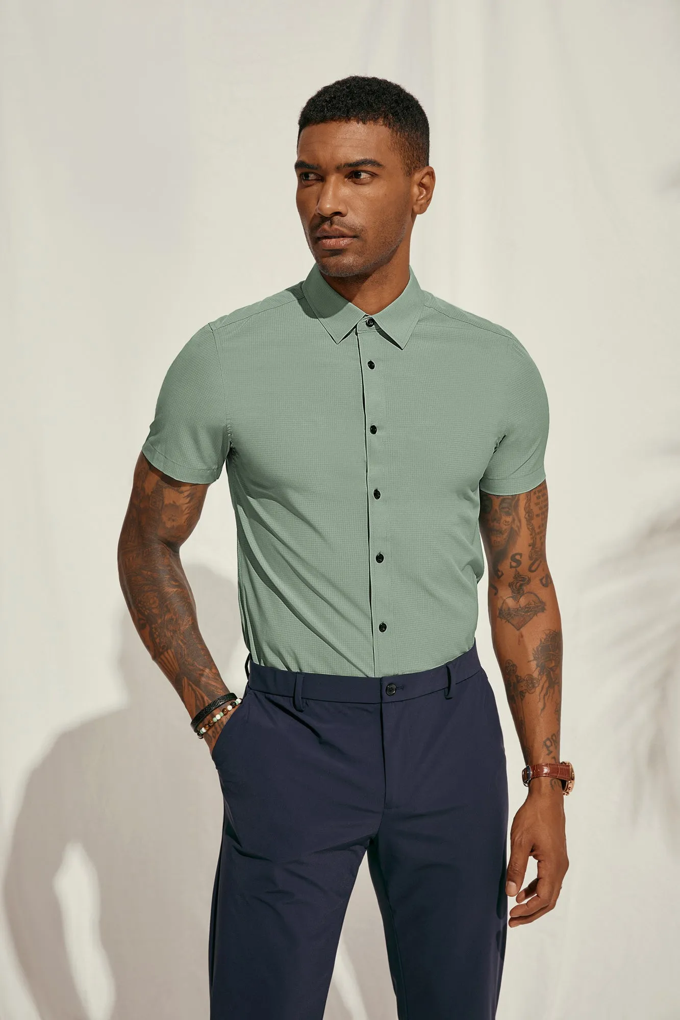 PJ Paul Jones Men Stylish Basic Shirt Short Sleeve Classic Collar Button-up Shirt Tops