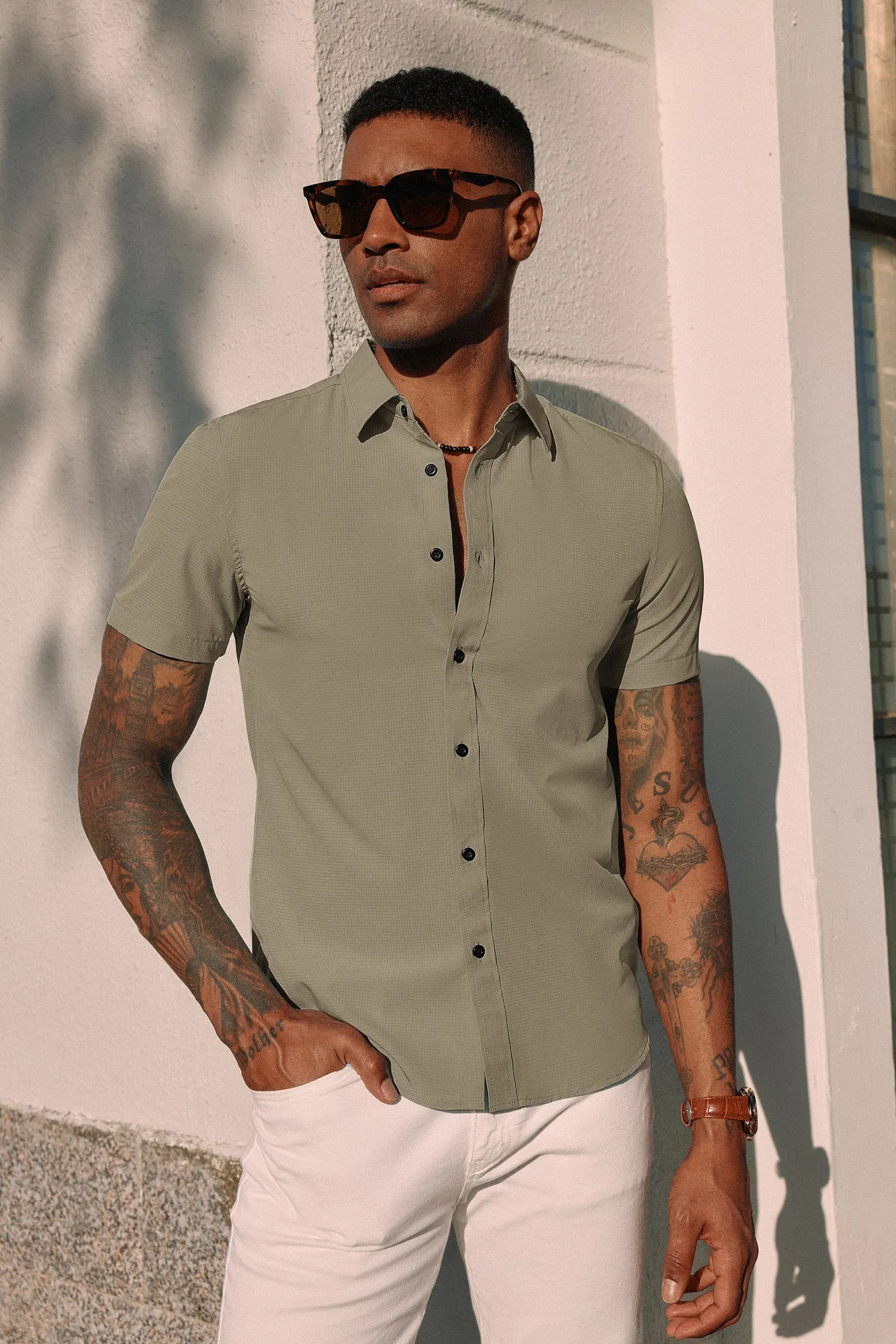 PJ Paul Jones Men Stylish Basic Shirt Short Sleeve Classic Collar Button-up Shirt Tops