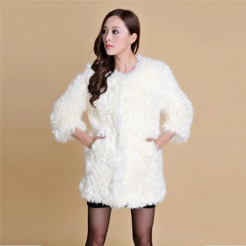 Real Lamb Fur Coat Overcoat Jacket  Long Version Ladies' Top Garment Gilet Winter Dress White Fur Story FS13065