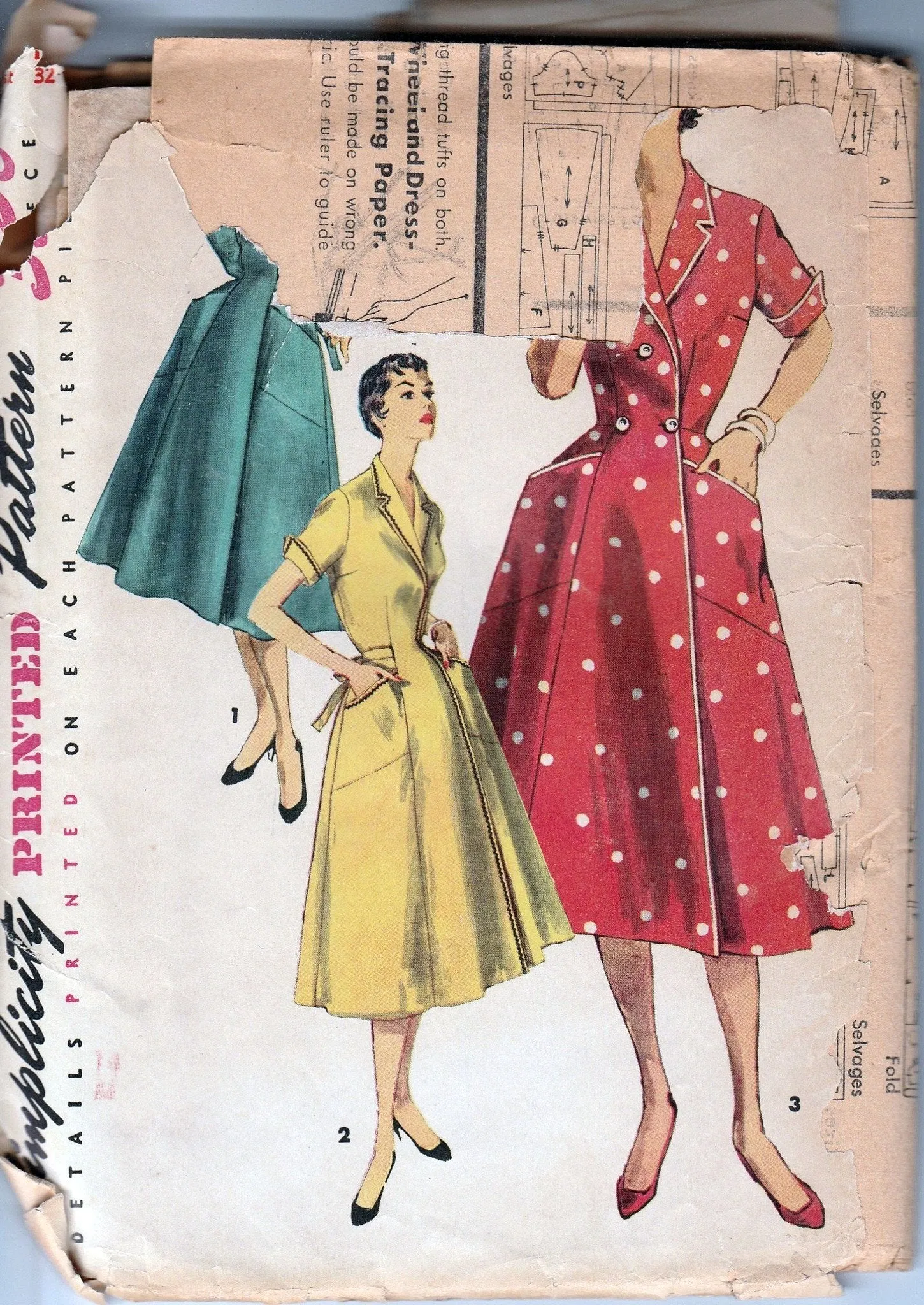 Simplicity 1028 Vintage 1950's Sewing Pattern Ladies Wrap House Dress Front Button Brunch Coat