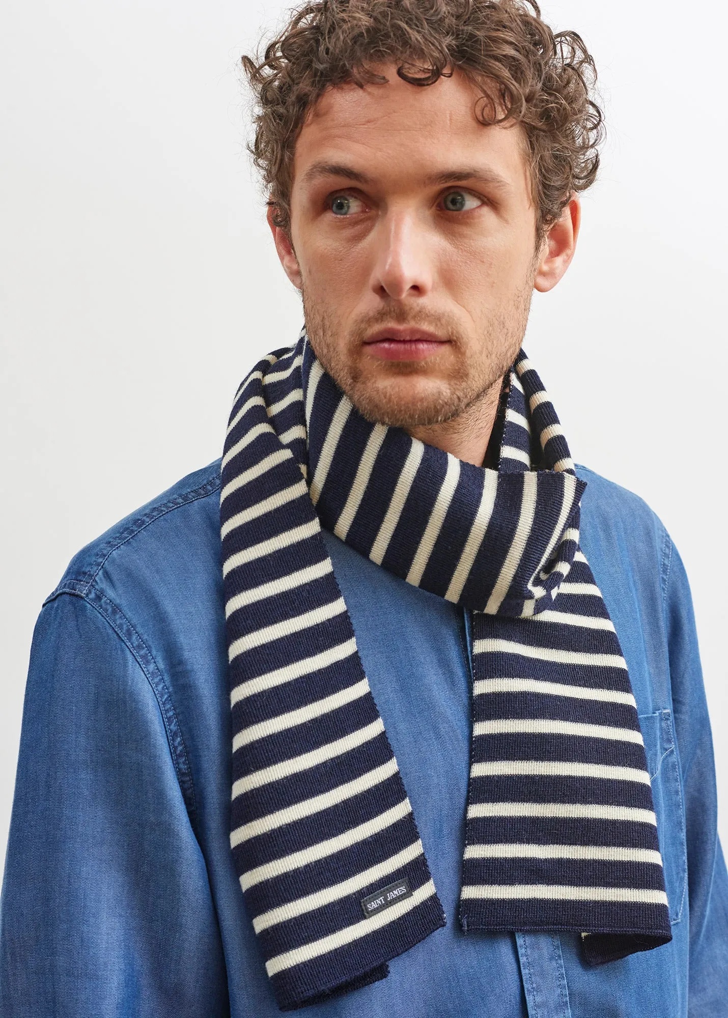 Striped scarf - in pure new wool (MARINE/ECRU)