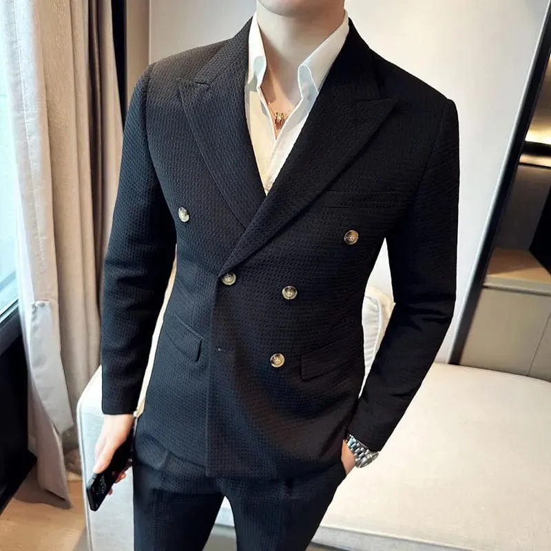 Stylish Luxury Vintage Waffle Men's Blazer: Double Breasted Business Casual Jacket, Slim Fit for Party or Wedding Tuxedo