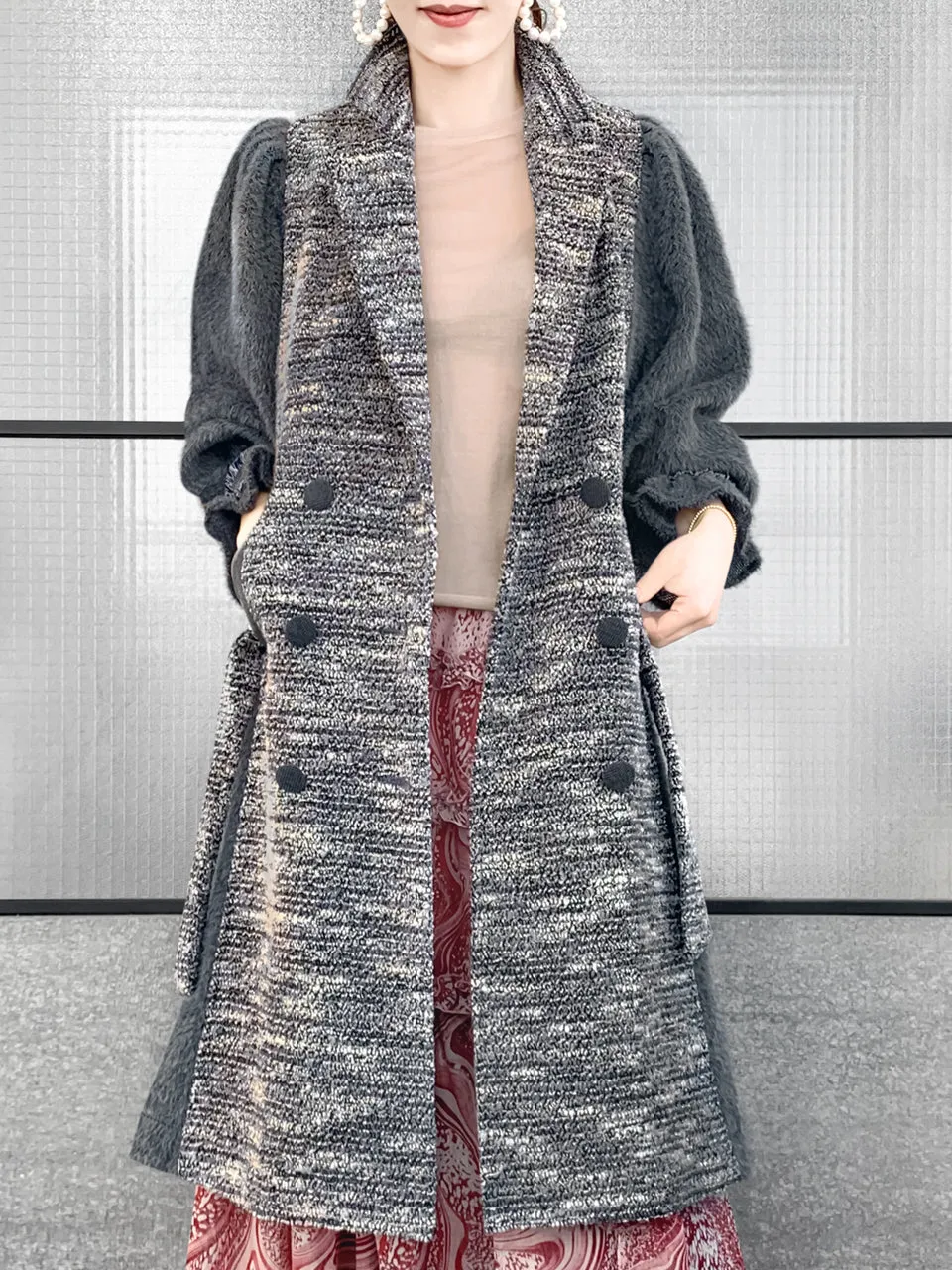 Surprise Sale! Grey Tweed Contrast Furry Balloon Sleeves Trench Coat