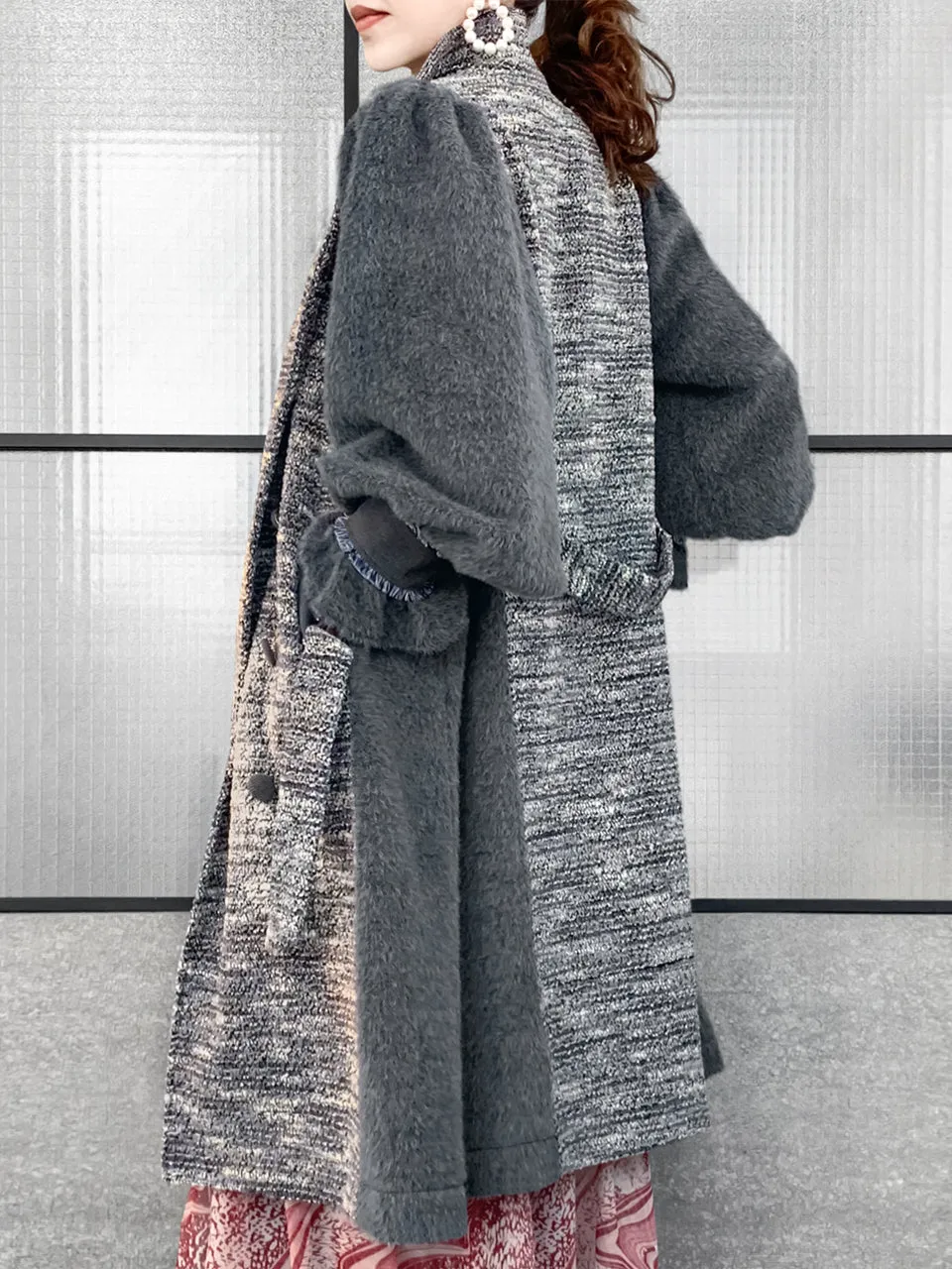 Surprise Sale! Grey Tweed Contrast Furry Balloon Sleeves Trench Coat