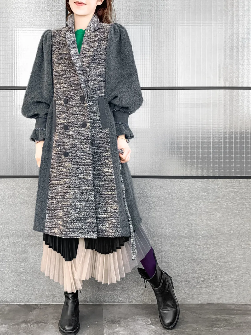 Surprise Sale! Grey Tweed Contrast Furry Balloon Sleeves Trench Coat