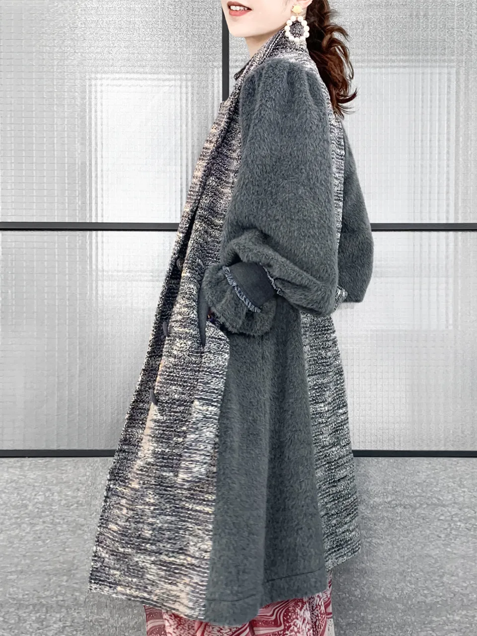 Surprise Sale! Grey Tweed Contrast Furry Balloon Sleeves Trench Coat