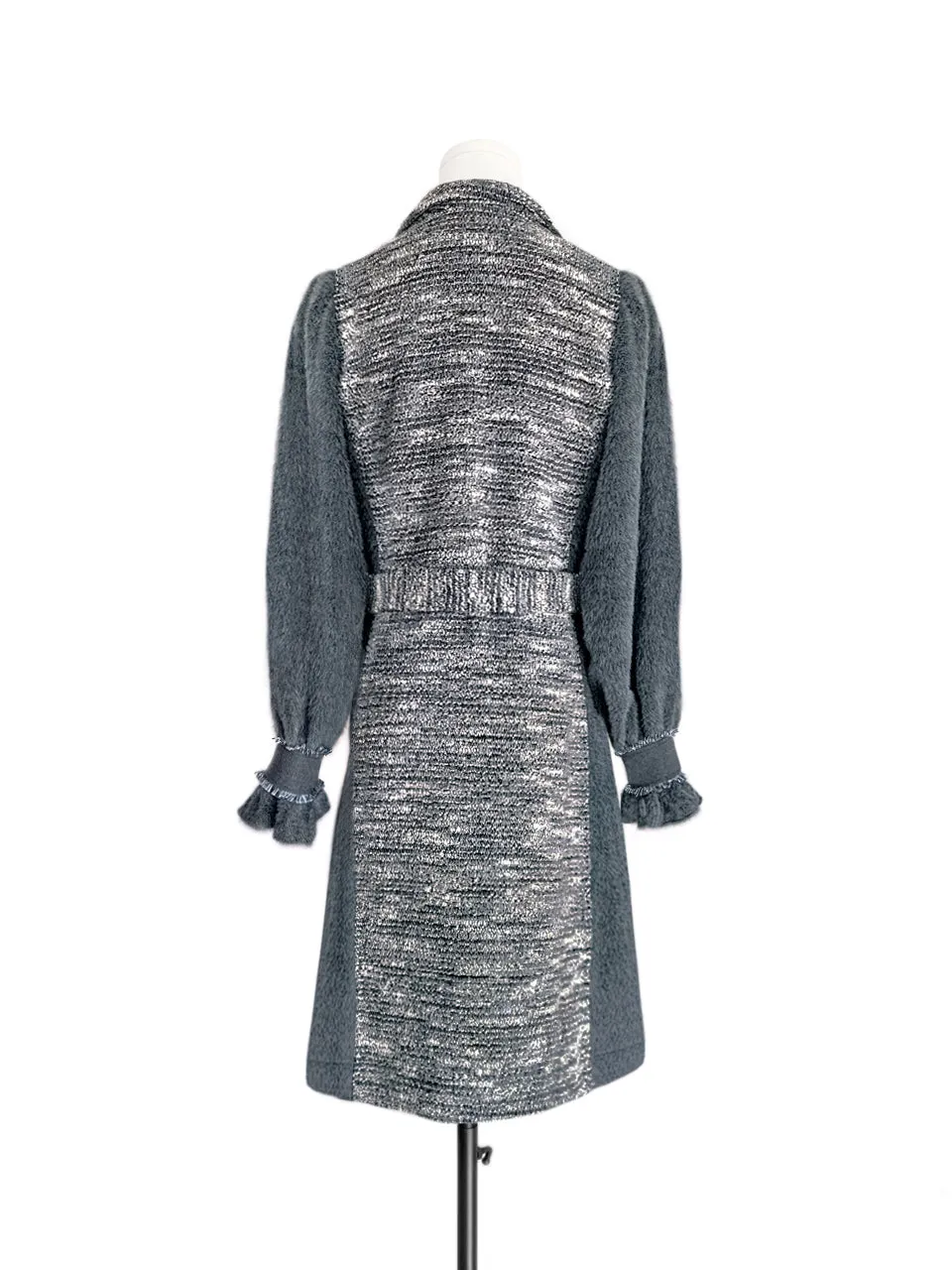 Surprise Sale! Grey Tweed Contrast Furry Balloon Sleeves Trench Coat