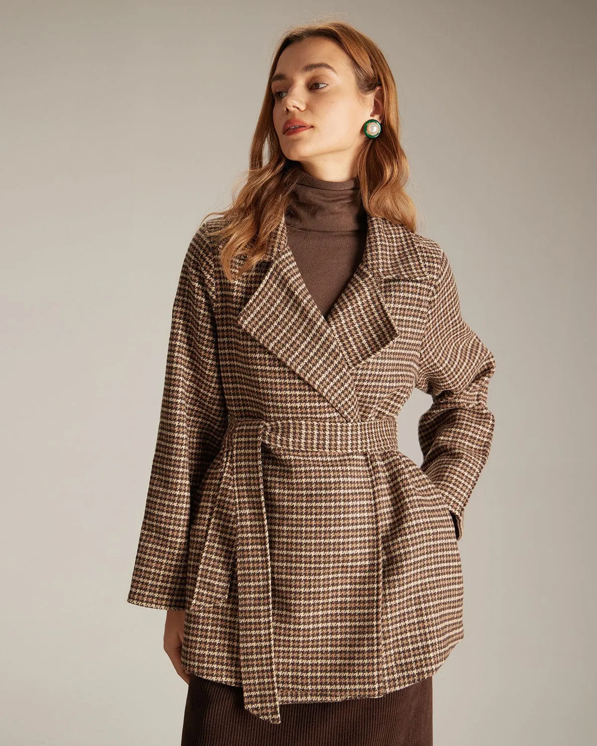 The Khaki Lapel Plaid Lace Up Belted Coat