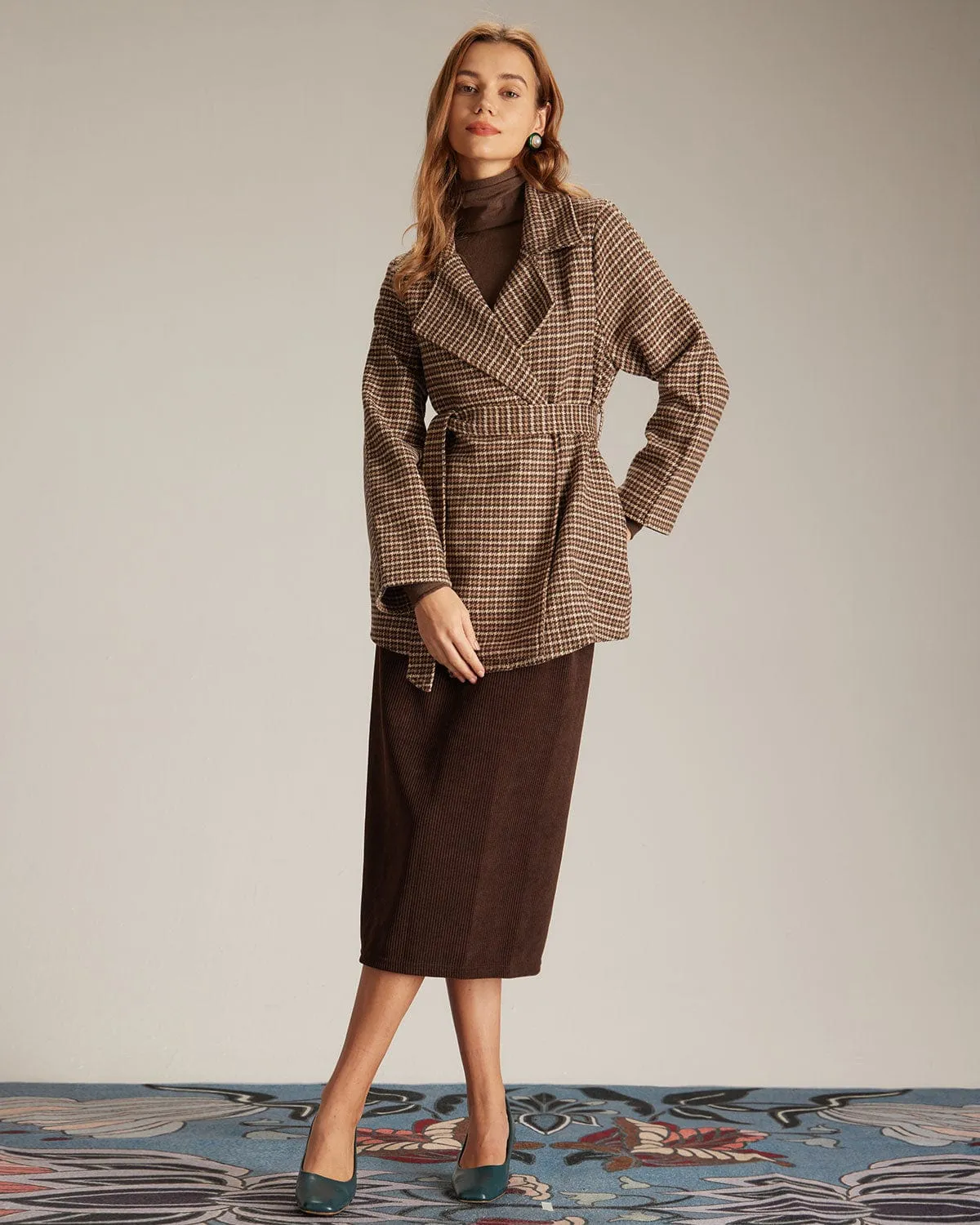 The Khaki Lapel Plaid Lace Up Belted Coat