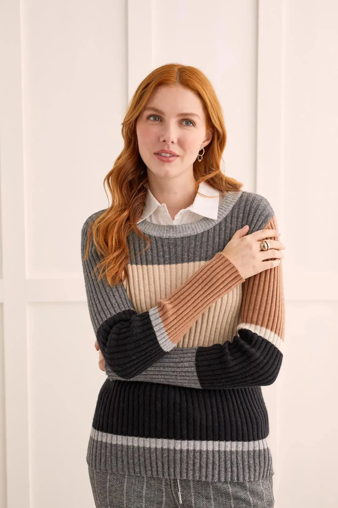 Tri 1605O Ribbed Color Block Sweater