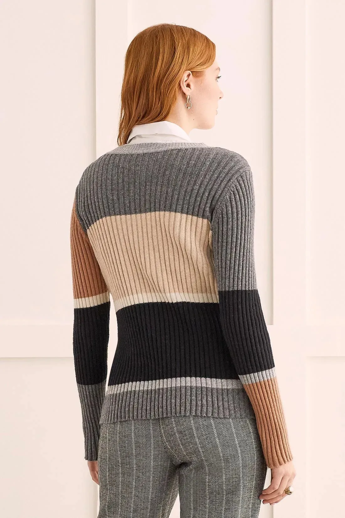 Tri 1605O Ribbed Color Block Sweater