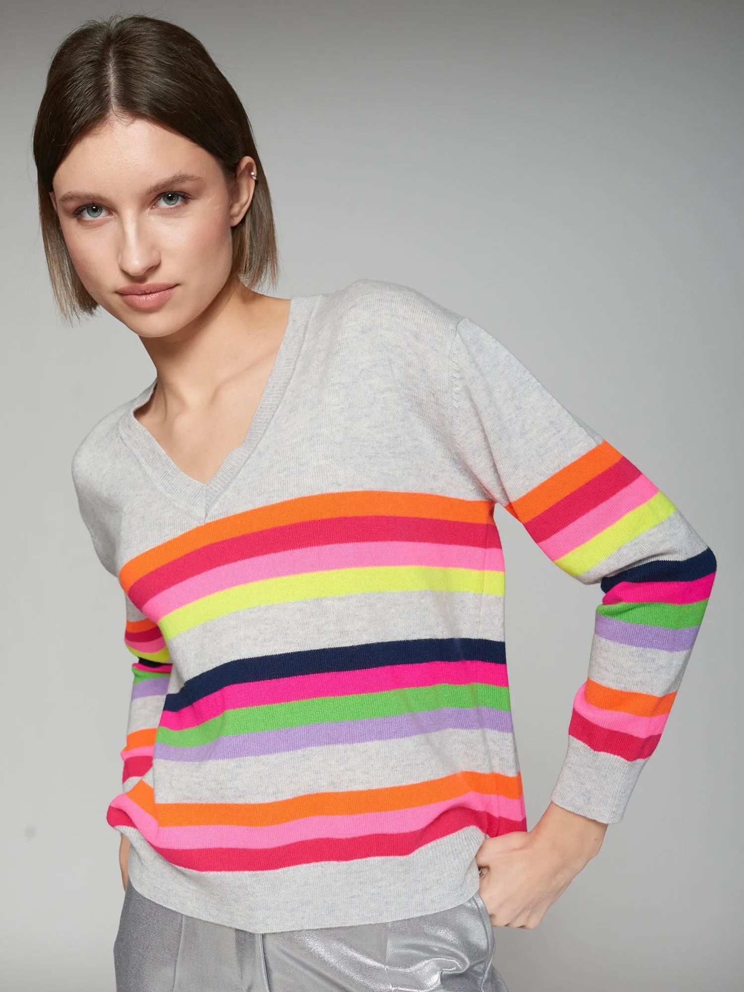 Vilagallo Grey Pure Wool Jumper With Multicolour Stripes