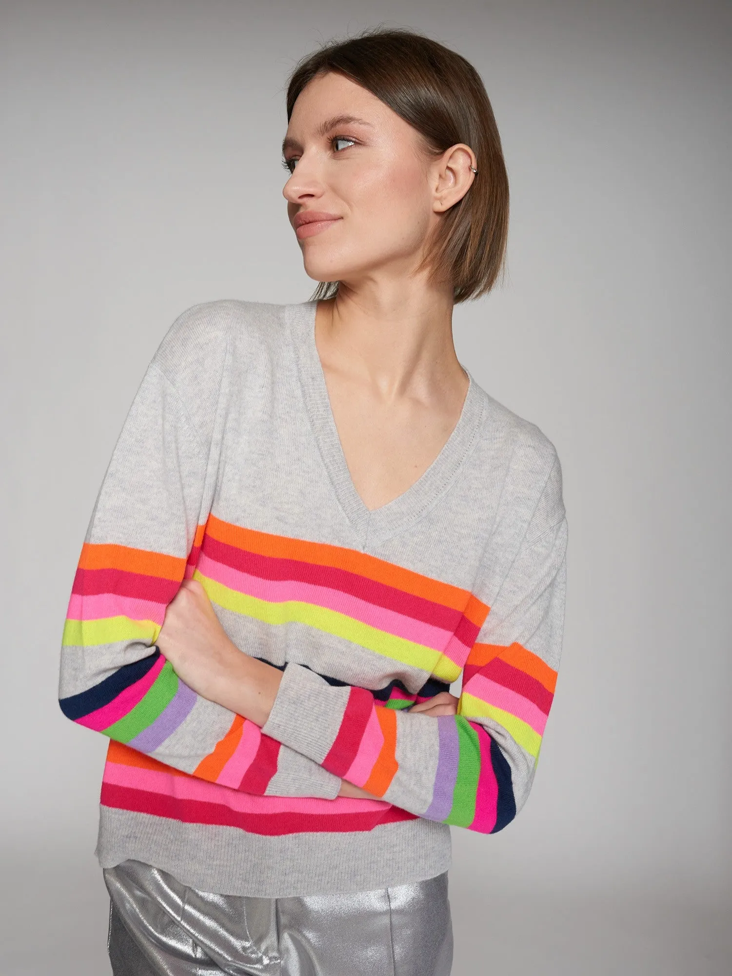 Vilagallo Grey Pure Wool Jumper With Multicolour Stripes