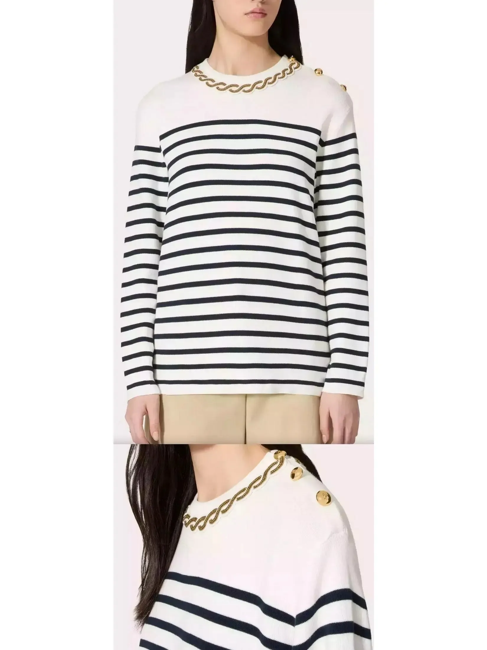 Women’s Bead Link Embroidered Collar Striped Knit Sweater