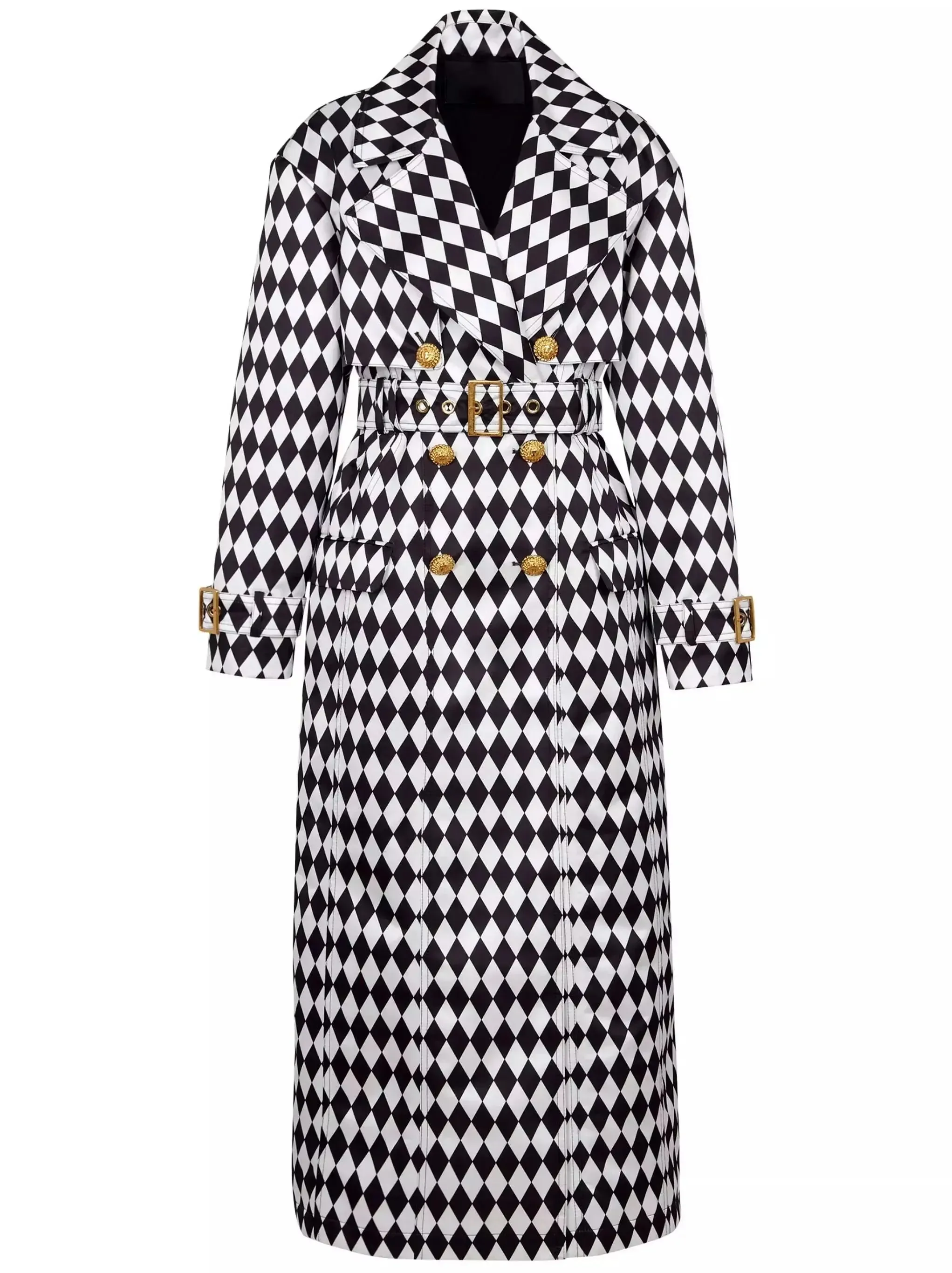 Women’s Belted Black and White Diamond Pattern Double-Breasted Trench Coat