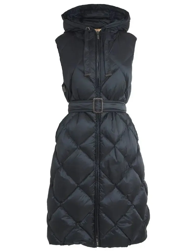 Women’s Belted Diamond-Quilted Hooded Long Vest Coat in Black