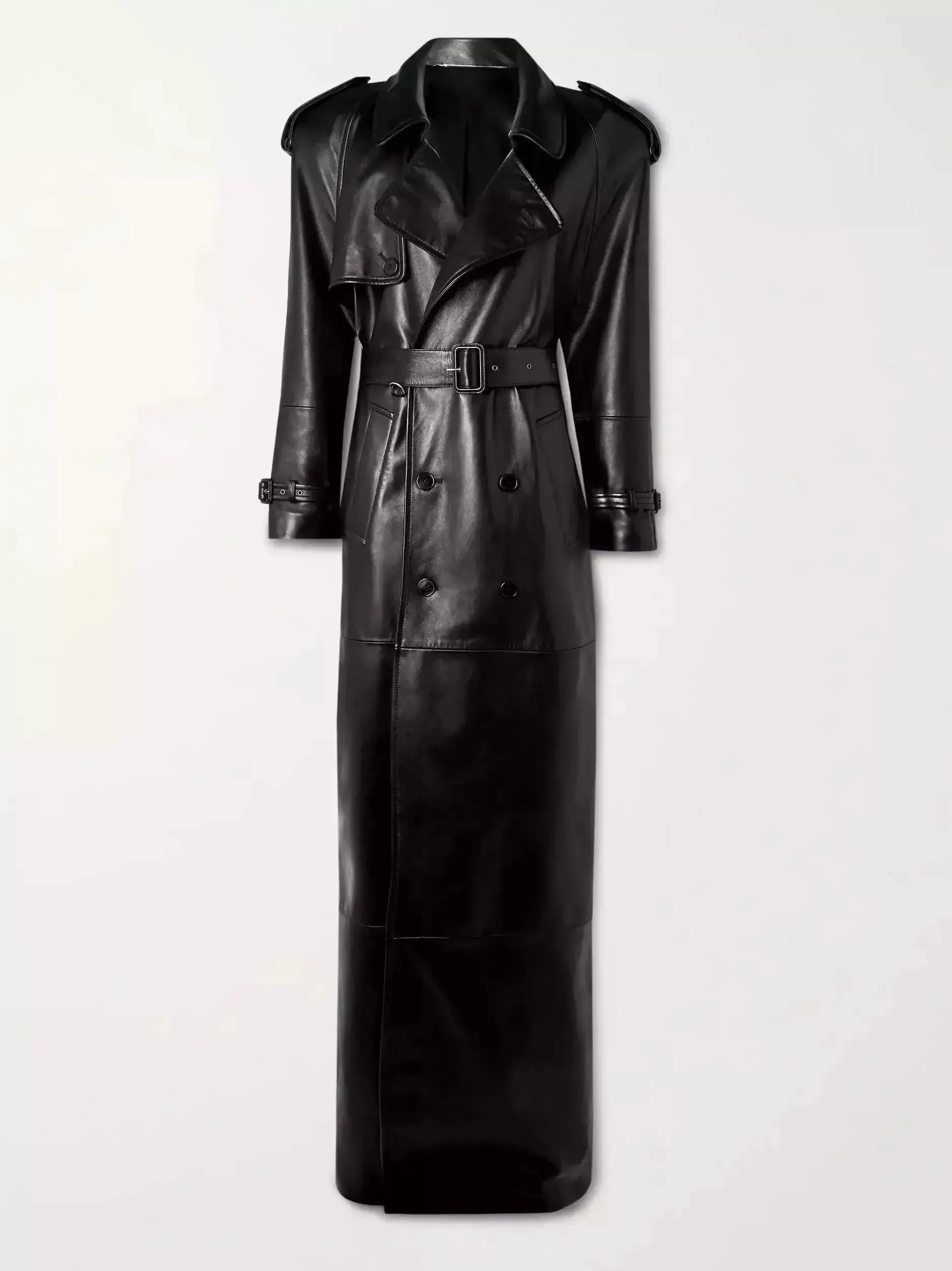 Women’s Belted Double-Breasted Long Lambskin Leather Coat