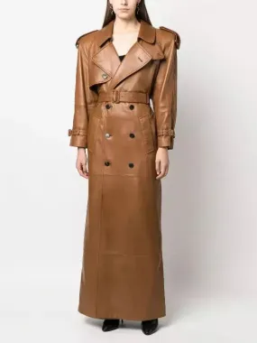 Women’s Belted Double-Breasted Long Lambskin Leather Coat