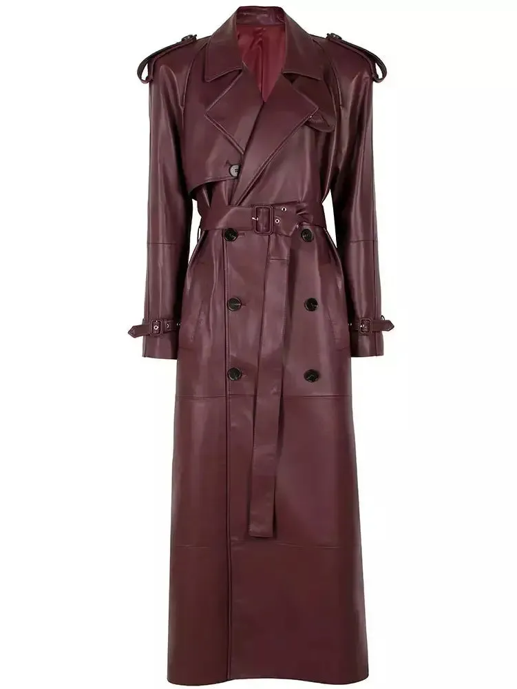 Women’s Belted Double-Breasted Long Lambskin Leather Coat