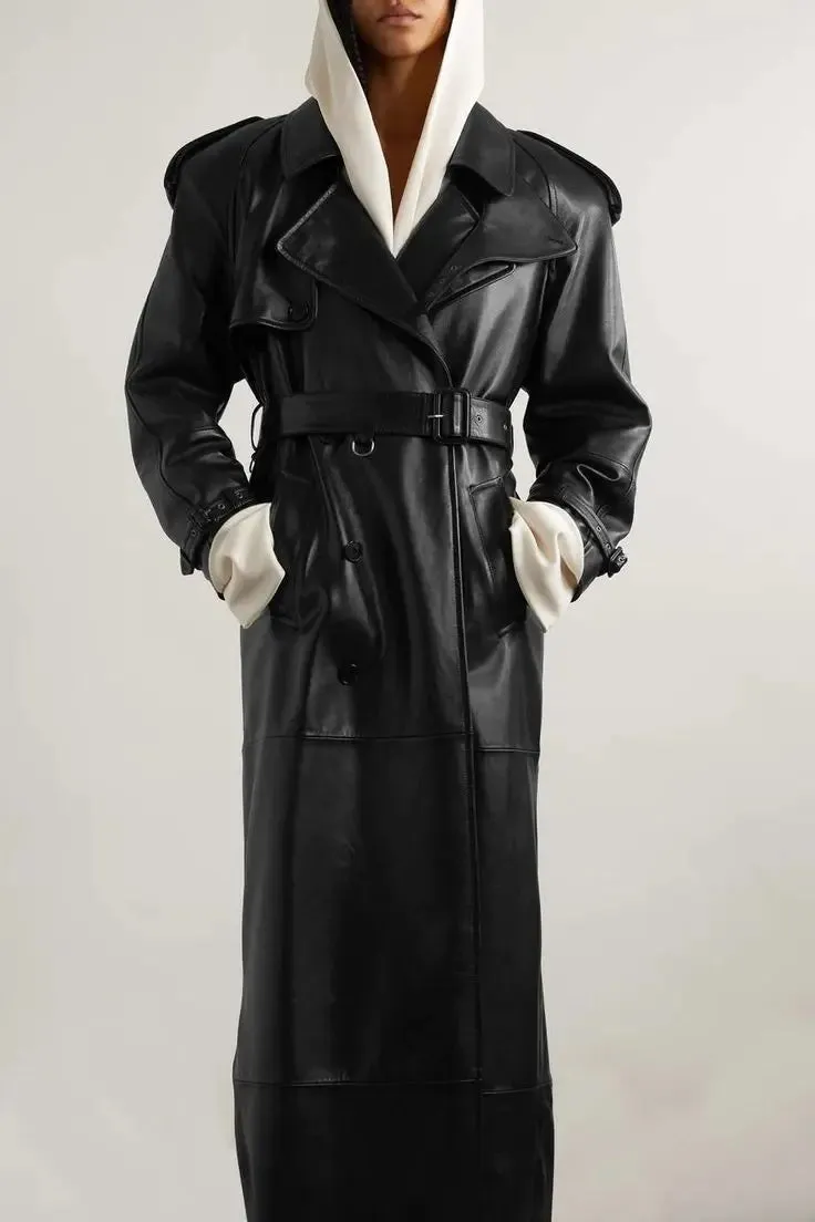 Women’s Belted Double-Breasted Long Lambskin Leather Coat