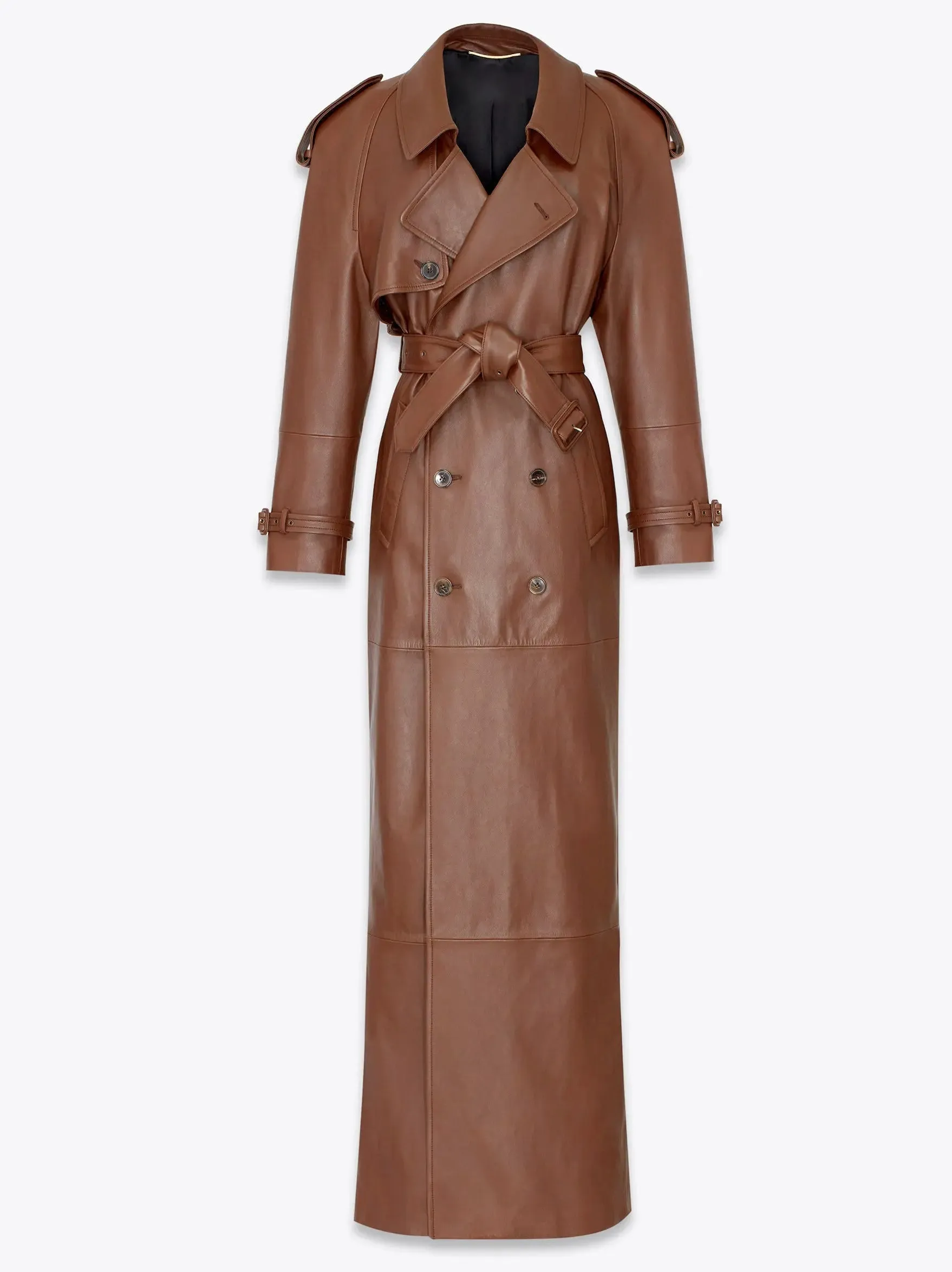 Women’s Belted Double-Breasted Long Lambskin Leather Coat