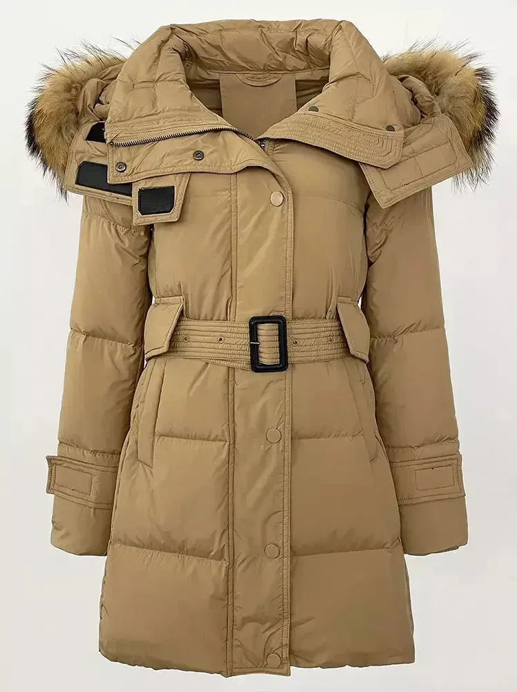 Women’s Belted Fur-Hooded Down Coat in Camel