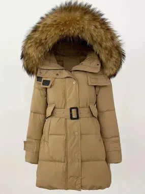 Women’s Belted Fur-Hooded Down Coat in Camel