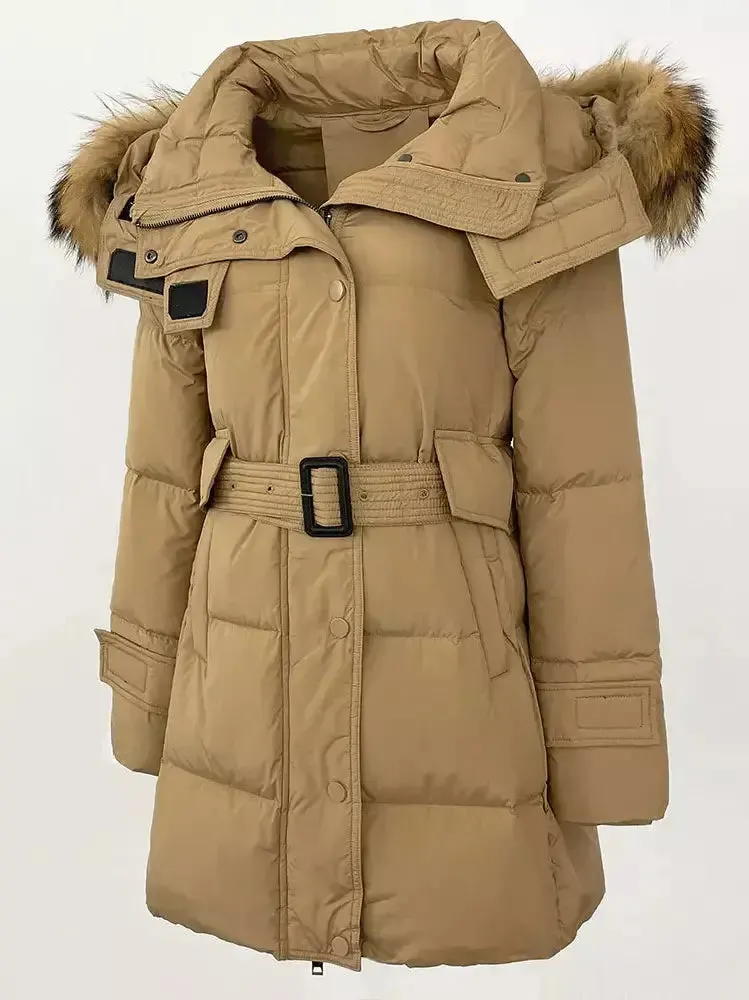 Women’s Belted Fur-Hooded Down Coat in Camel