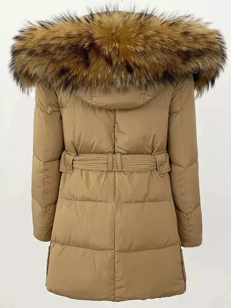 Women’s Belted Fur-Hooded Down Coat in Camel