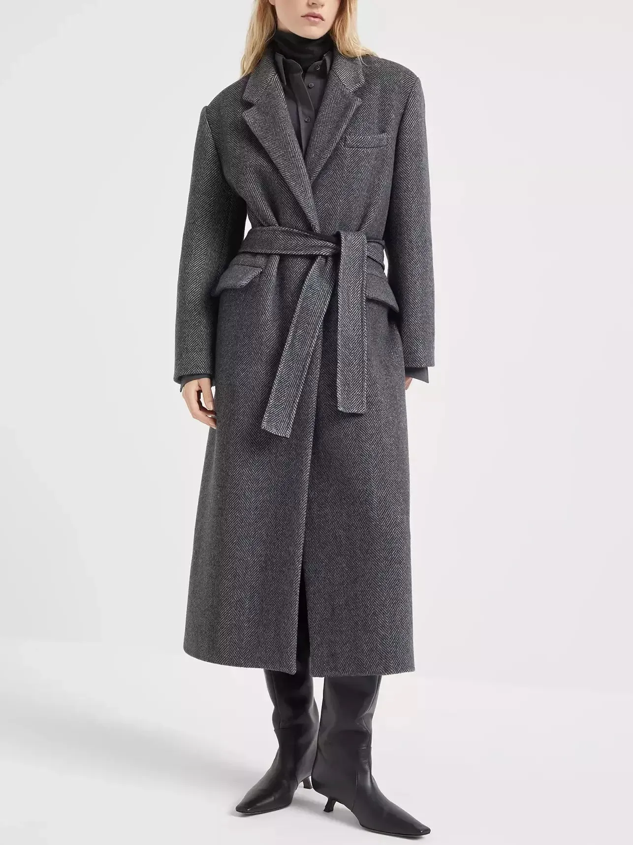 Women’s Belted Herringbone Pattern Long Wool Coat