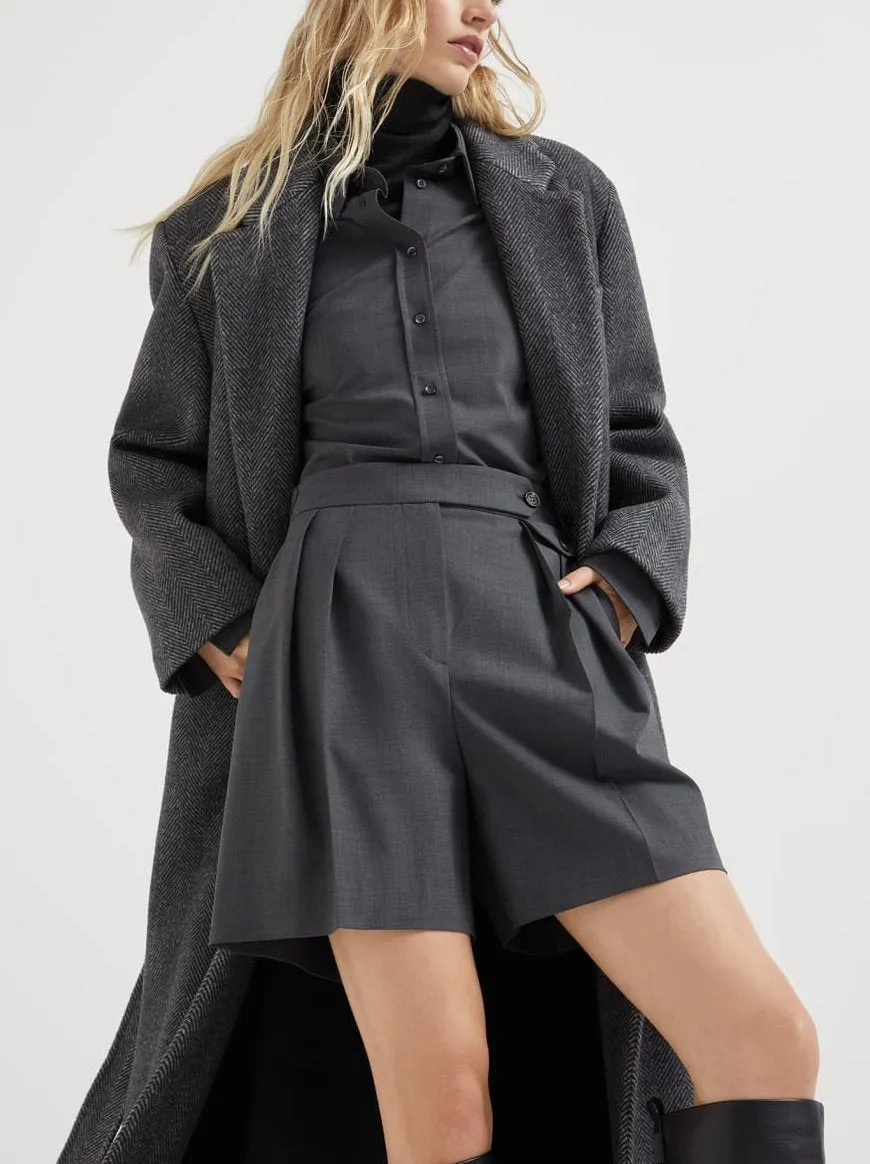 Women’s Belted Herringbone Pattern Long Wool Coat