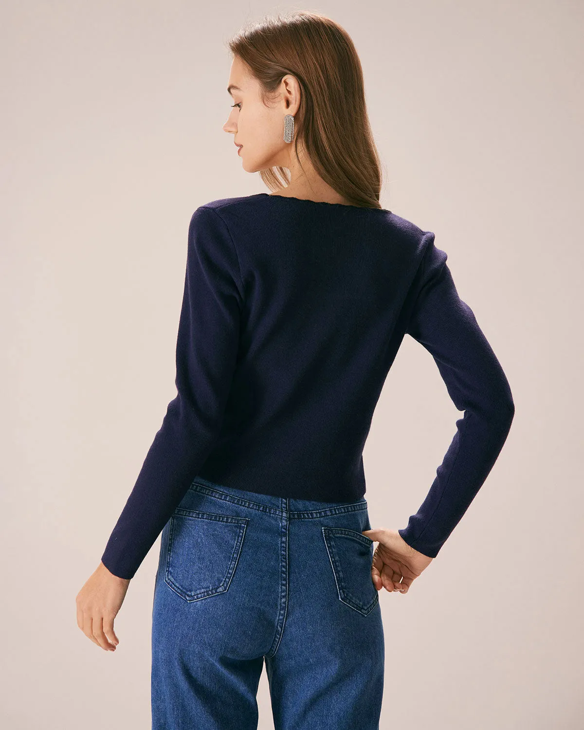 Women's Navy Square Neck Slim Knitted Sweater