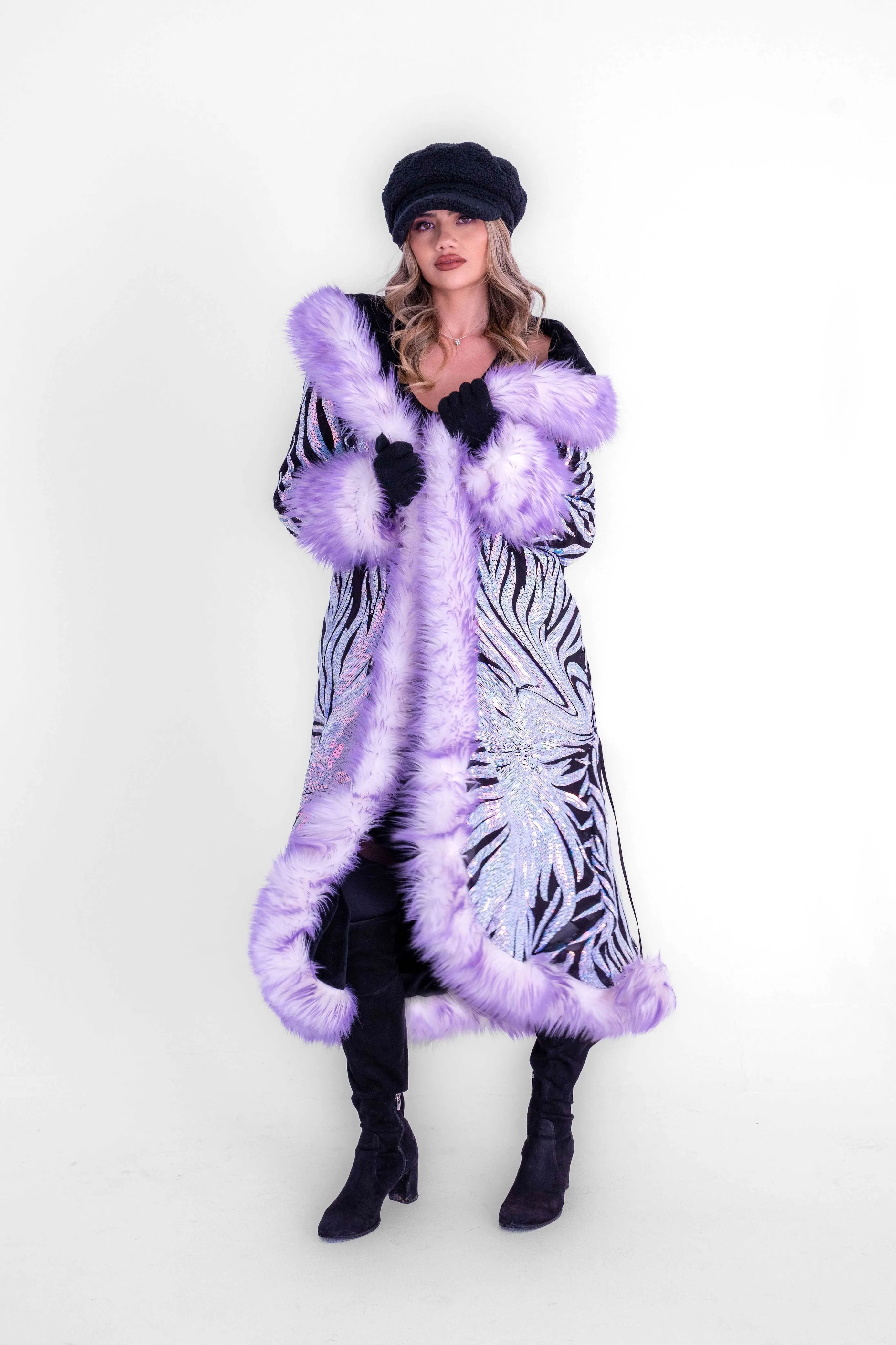 Women's Sequin Temptress Coat in "Black Lilac Radiant Dream"