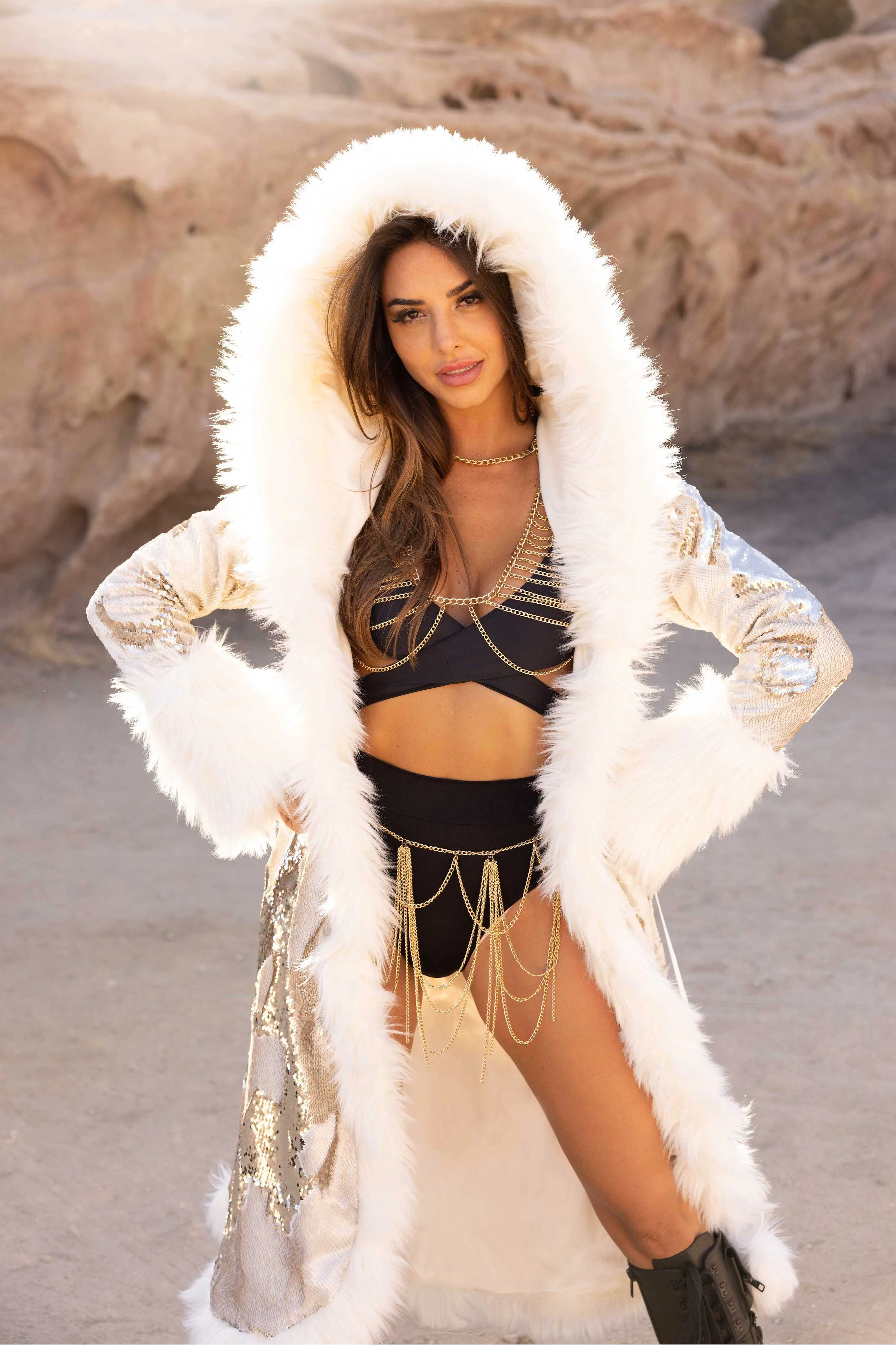 Women's Sequin Temptress Coat in "Ivory Gold"