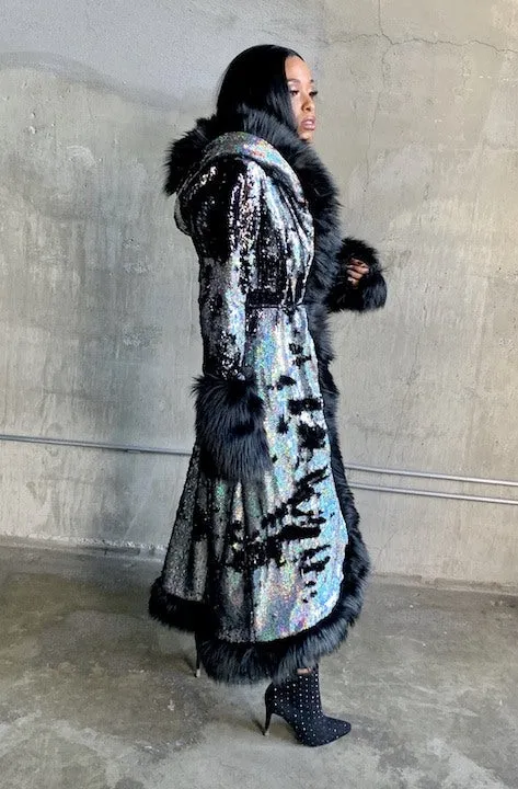 Women's Sequin Temptress Coat in "Silver Hologram/ Black"